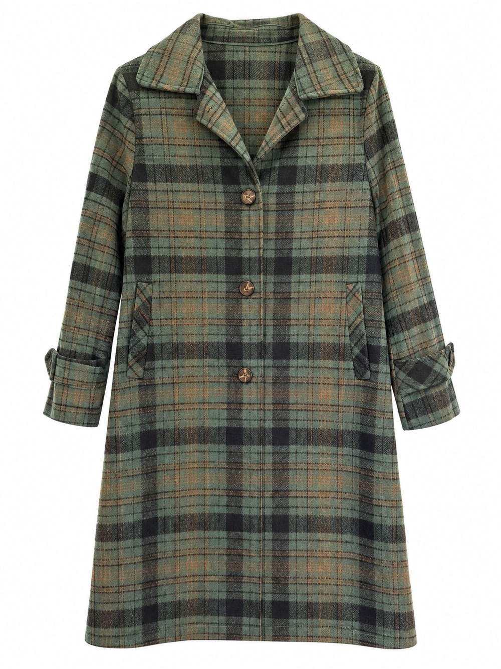 100% Wool Women’s Plaid Coat Green Tartan Longline Vintage Inspired Size Large